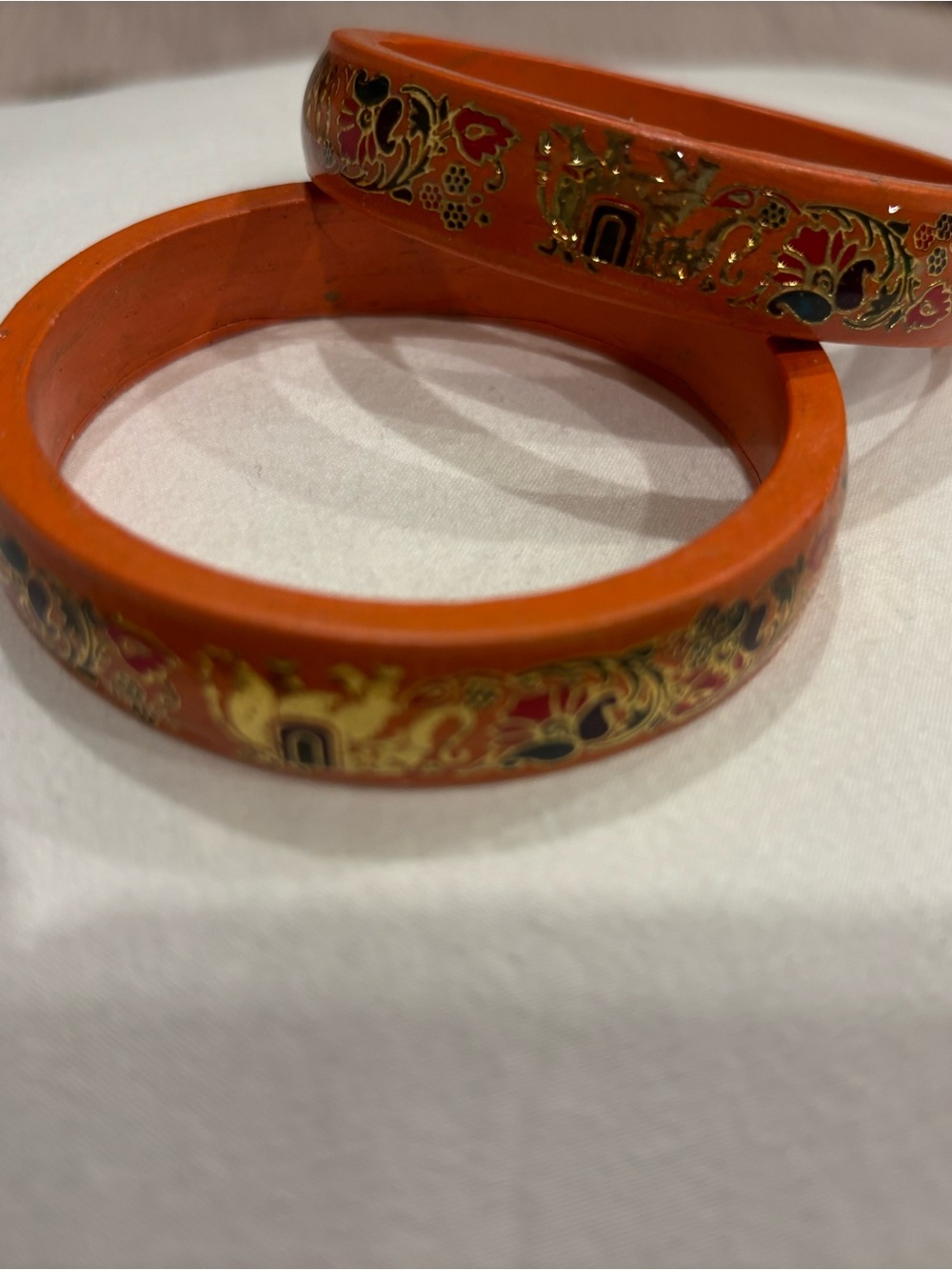 Orange Hand-Painted Floral Enamel Bangle Set